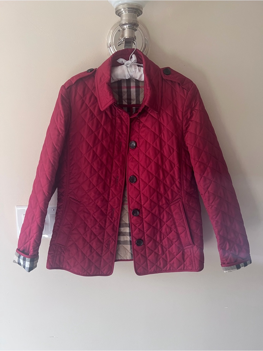 Burberry Brit Crimson Quilted Jacket with Plaid Lining